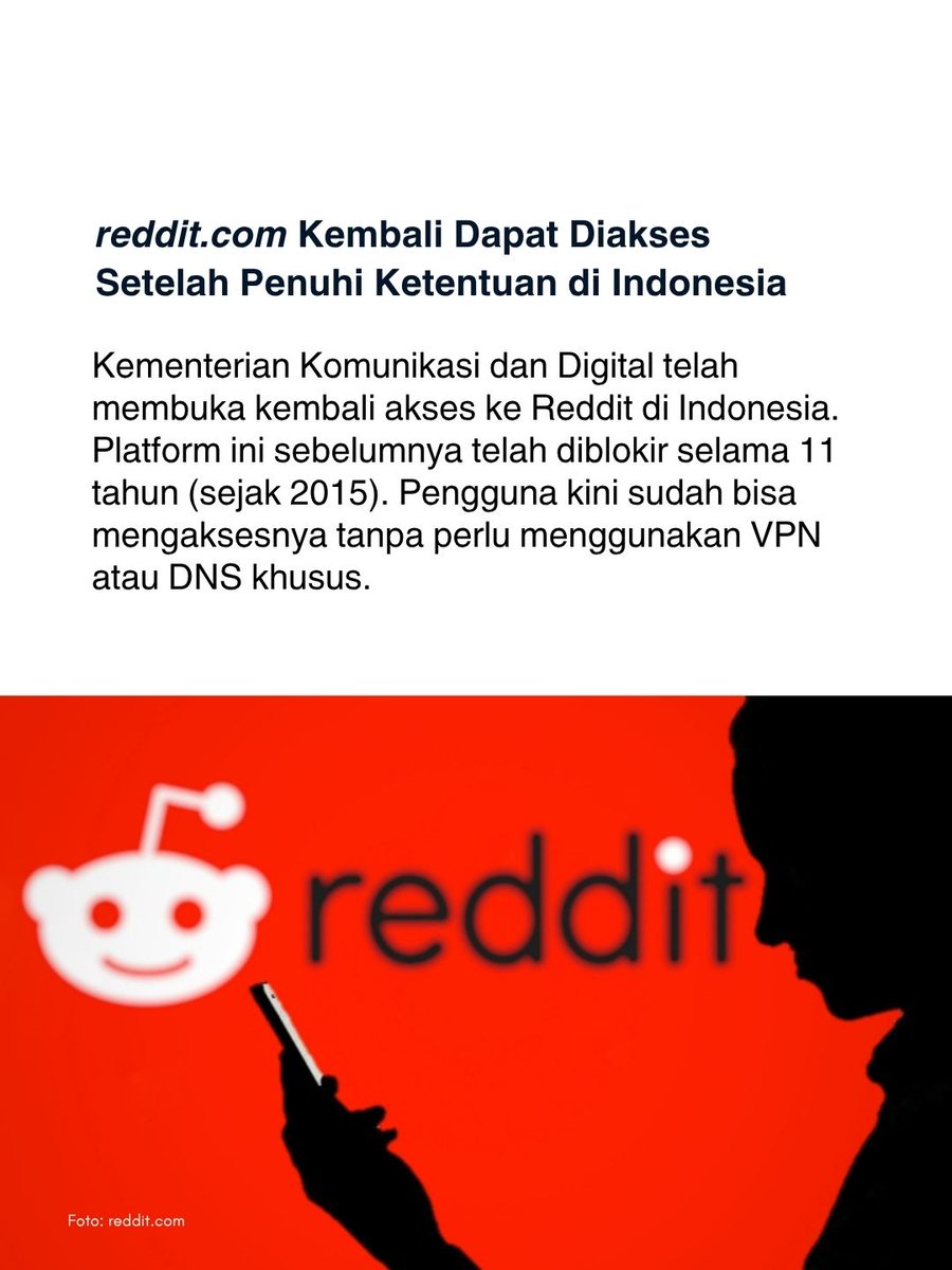 InfoPublikIP's tweet photo. Setelah lebih dari 11 tahun, akses #Reddit kembali dinormalisasi di Indonesia, KawanPublik!
Keputusan ini diambil setelah @kemkomdigi melakukan evaluasi & memastikan platform tersebut telah menerapkan berbagai langkah kepatuhan.
#InfoPublik #PortalBerita #PSE #PlatformDigital https://t.co/ntzevCL9GC