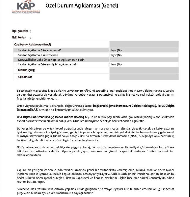 m_zahiroglu's tweet photo. $Marka Yatırım Holding’de değişim rüzgarı esiyor.

Yeme-içme sektöründe önemli bir adım atılıyor. Yurt içi ve yurt dışı pazarlarda faaliyet gösteren, kafe ve restoran alanında sektörün öncü şirketlerinden biriyle yürütülen süreç, şirketin yeni vizyonunu ortaya koyuyor.

Yeni yönetim ve vizyon geleceğe ışık tutuyor.

Piyasaların durgun olduğu bu dönemde Westplast’ın %55’ini bünyesine katan #Marka Yatırım Holding, US Yatırım olmadan önce ciddi bir kabuk değişimi yaşıyor.

KAP’ta duyurulduğu üzere hedef şirket için Niyet ve Gizlilik Sözleşmesi imzalanırken, resmi mali, hukuki ve operasyonel inceleme (Due Diligence) süreci de başlatıldı. Bu da sürecin somut adımlarla ilerlediğini gösteriyor.

Yatırımcılarını kutlarım. 🥳

@USgirisim @umutsiy_ 

#yağmur #serdaladalıistifa #Altın #CUMARTESİ #BistŞirketler #bist100 #bist50 #yıldızpazar #thy #akbnk #ykbnk