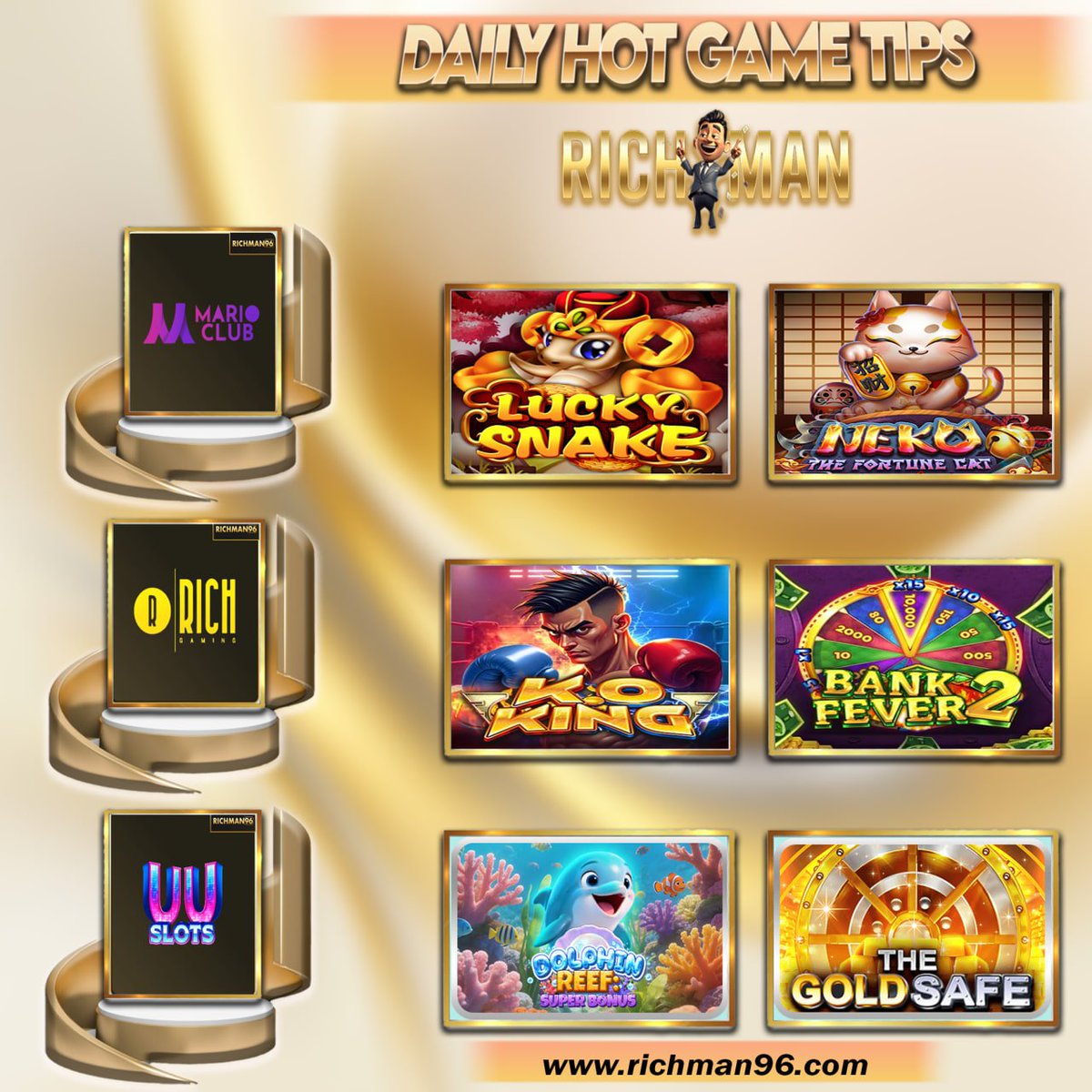 richman6663's tweet photo. 🔥🎰Hot Tips Game For Wallet 🎰🔥

🔥PLATFORM : MA RIO CLUB🔥
 🔝GAME: LUCKY SNAKE 💸
 🔝GAME: NEKO💸

🔥PLATFORM: RICH GAMING🔥
🔝 GAME : K.O KING  💸
🔝 GAME:  BANK FEVER2💸

🔥PLATFORM: UU SLOTS🔥
🔝 GAME : DOLPHIN REEF💸
🔝 GAME : THE GOLD SAFE💸 https://t.co/tQu7cxf3DM