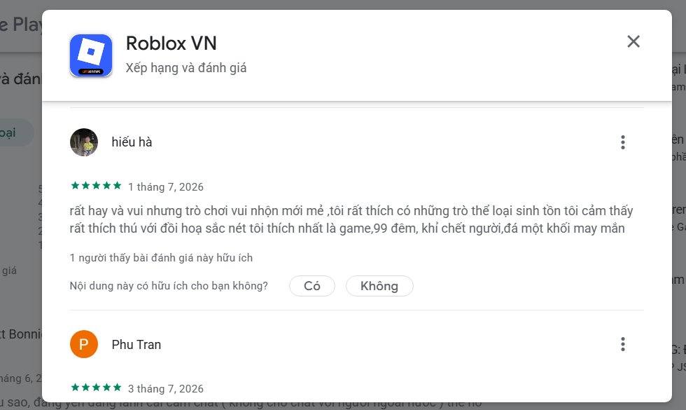 GorgeousBlox's tweet photo. Roblox VN is botting 5-star reviews on both the Play Store and App Store. 

These fake reviews popped up right after the July 1 update, banned a bunch of popular games like 99 Nights. They're literally praising the exact experiences that got restricted

#RobloxVN https://t.co/QMFYsBEMu8