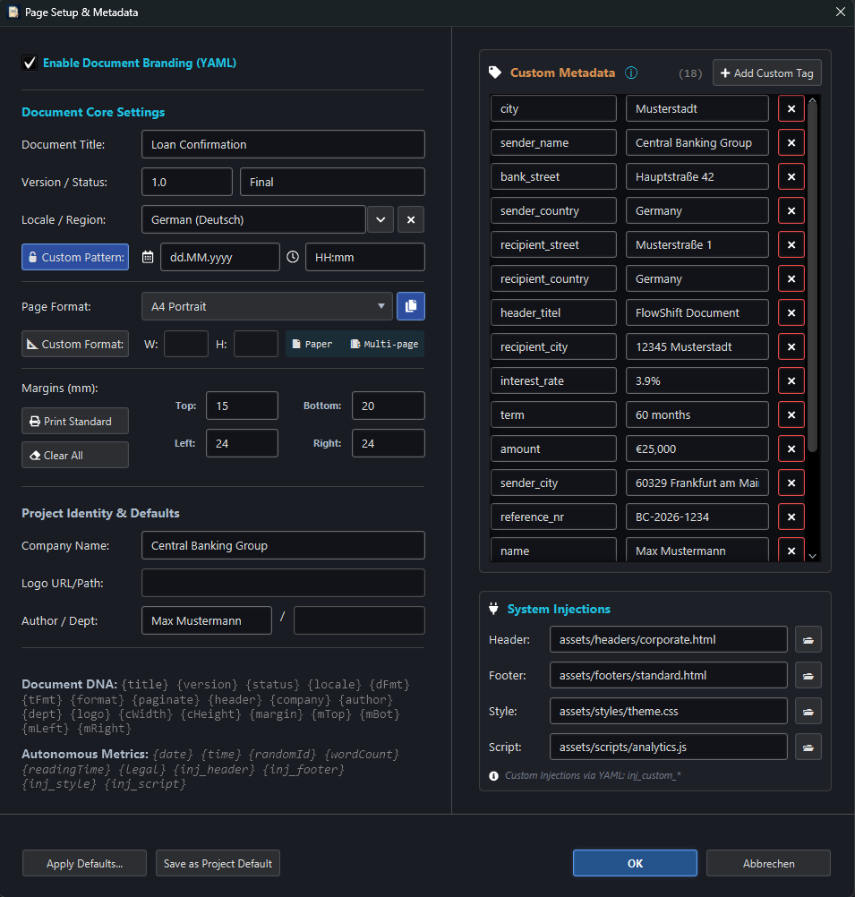 HZschuppan79649's tweet photo. The new FlowShift Document Setup Dialog.
Document identity · Page geometry · Custom metadata · System injections · Auto-localization.
Editor, config, and live preview – all in one view.
#FlowShift #Markdown #DTP https://t.co/ys5bBXVp9u