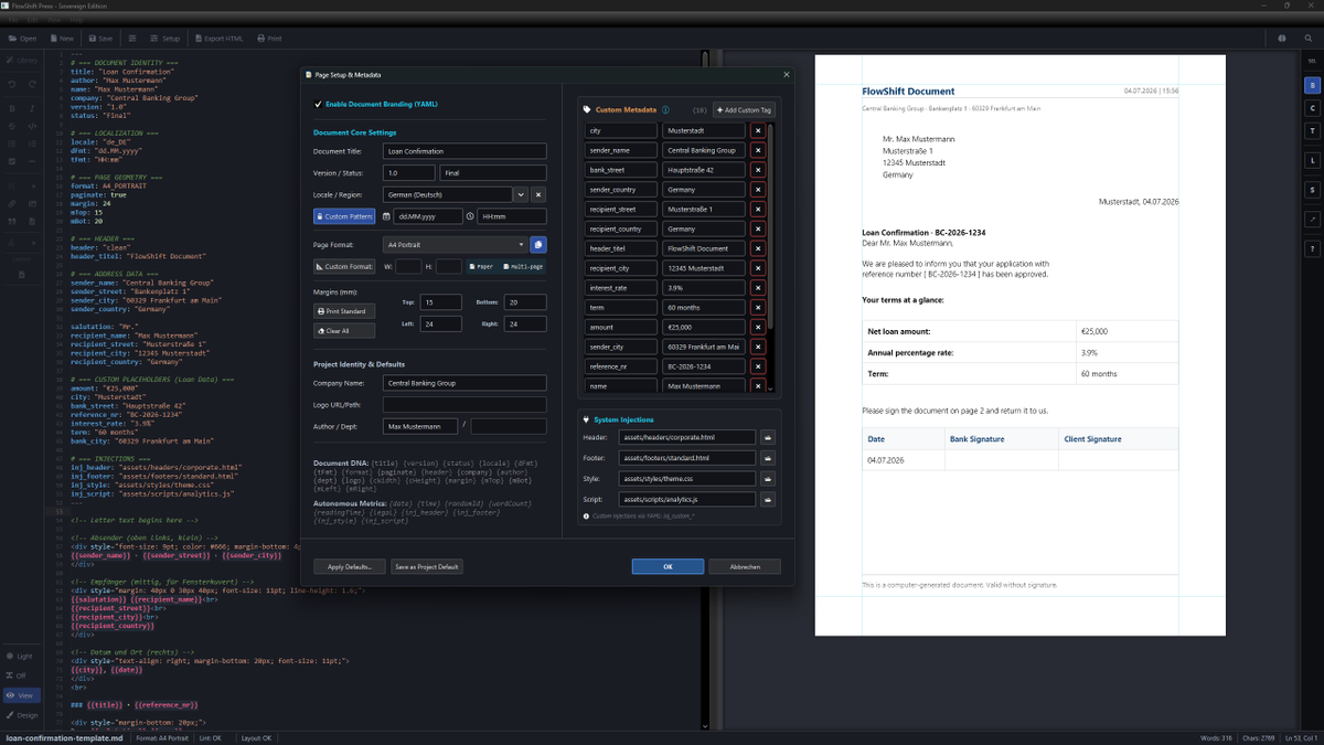 HZschuppan79649's tweet photo. The new FlowShift Document Setup Dialog.
Document identity · Page geometry · Custom metadata · System injections · Auto-localization.
Editor, config, and live preview – all in one view.
#FlowShift #Markdown #DTP https://t.co/ys5bBXVp9u