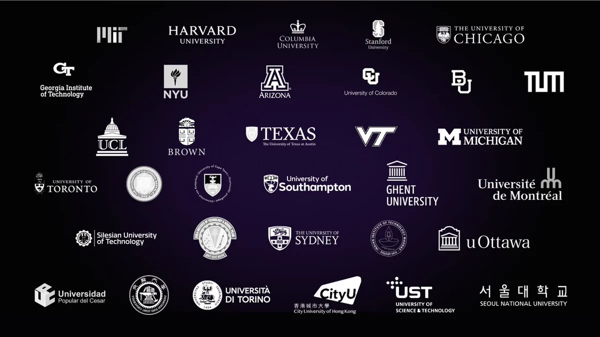Logos of various global universities are displayed on a dark background. Notable institutions include MIT, Harvard, Columbia, University of Chicago, University of Texas, University of Michigan, University of Toronto, University of Sydney, and Seoul National University, among others.