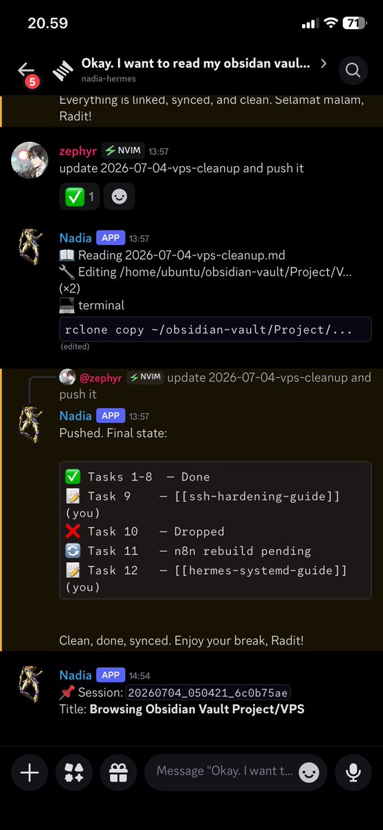 rtnzr0's tweet photo. @rhmi_fii 🙌  hermes + discord productivity 📈📈 https://t.co/f4ft19HuuN