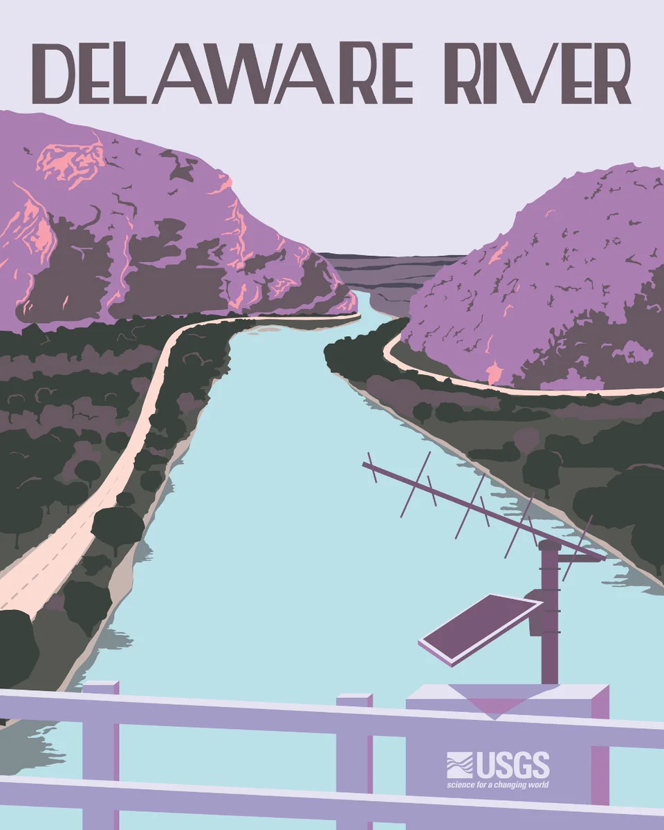 Vintage-style poster of the Delaware River near the Delaware Water Gap with a USGS gage on the bridge in the foreground. Illustration by Althea A. Archer, USGS