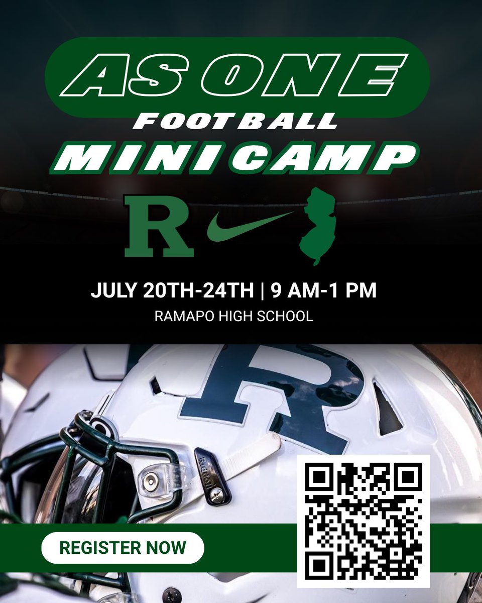 RamapoFootball's tweet photo. Entering grades 7th to 12th grade, come learn like a CHAMPION in a high-energy &amp; fun setting!  Scan QR code or click the link to register.

https://t.co/1lGkHmQKne

@MaxPreps @usnikefootball @Gatorade @NJScom @bcarrnjsports1 @SFCFootballNJ @SFC__Network

#AsOne #DWWD #PoPride https://t.co/XfEyr1JArv
