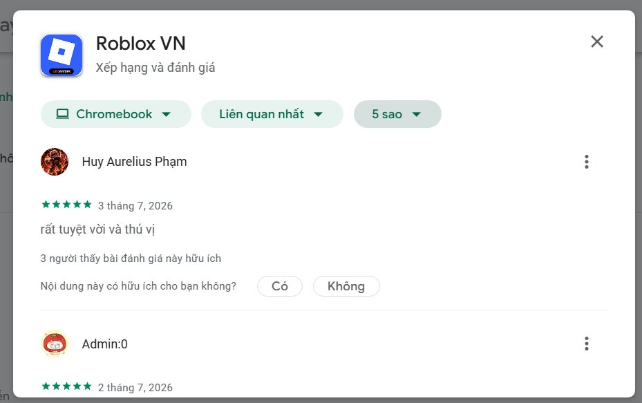 GorgeousBlox's tweet photo. Roblox VN is botting 5-star reviews on both the Play Store and App Store. 

These fake reviews popped up right after the July 1 update, banned a bunch of popular games like 99 Nights. They're literally praising the exact experiences that got restricted

#RobloxVN https://t.co/QMFYsBEMu8