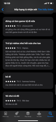 GorgeousBlox's tweet photo. Roblox VN is botting 5-star reviews on both the Play Store and App Store. 

These fake reviews popped up right after the July 1 update, banned a bunch of popular games like 99 Nights. They're literally praising the exact experiences that got restricted

#RobloxVN https://t.co/QMFYsBEMu8