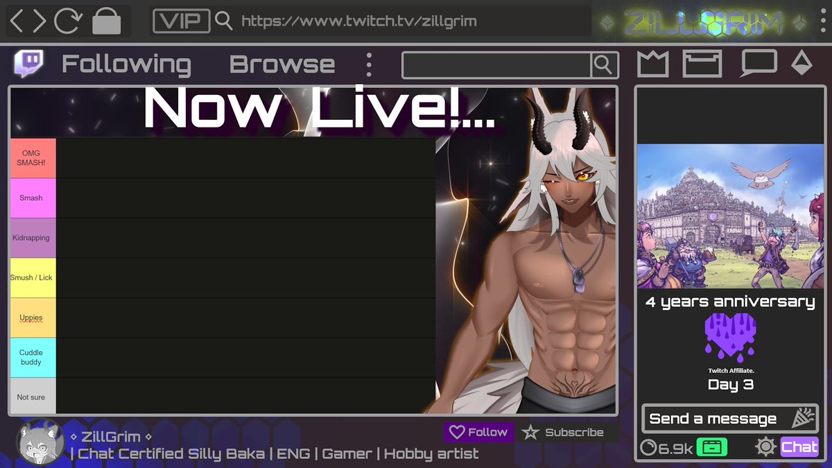 ZillGrim's tweet photo. ‼️ It's Zilly time again ‼️
[ENG] Smash The Tier List ᛜ 
Looks like we have a hand full today! ᛜ | +18 | ᛜ 
[Last day] Affiliate Celebration stream ᛜ
https://t.co/971zFTQIok
#ENVtuber #L2DVtuber #twitchstreamer https://t.co/UiOBWBaofa