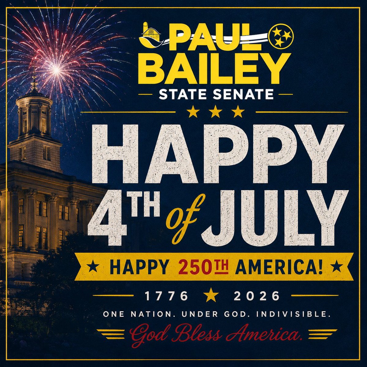 PaulBaileyforTN's tweet photo. We're blessed beyond measure to be Americans, some of the most blessed of us are called Tennesseans😅, and by the mercy and grace of our Lord and Savior, we're also citizens of an eternal Kingdom.
May God continue to bless America and shed His grace on thee.
#TNSen15
#America250 https://t.co/syZafpuIwo