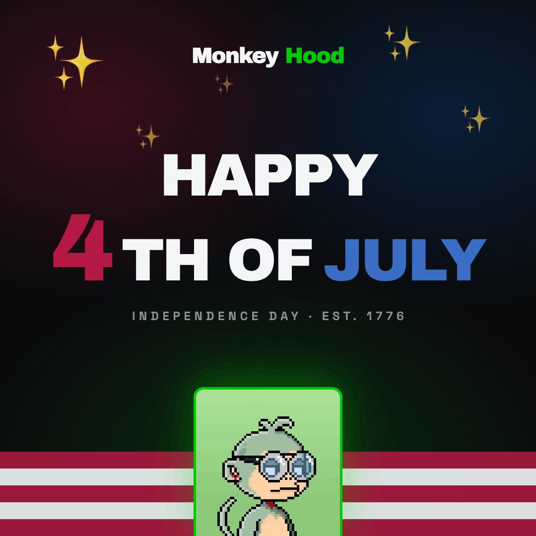 MonkeyHoodNFT's tweet photo. The Hood is celebrating. 🇺🇸🐵

 Dropping 10 Guaranteed WL Spots for the community.

To enter:
✅ Follow @MonkeyHoodNFT
✅ Like + Repost
✅ Tag 2 friends who belong in the Hood

Winners in 24 hours.

Early monkeys eat first. 🍌💚 https://t.co/UKf4n8UTcN
