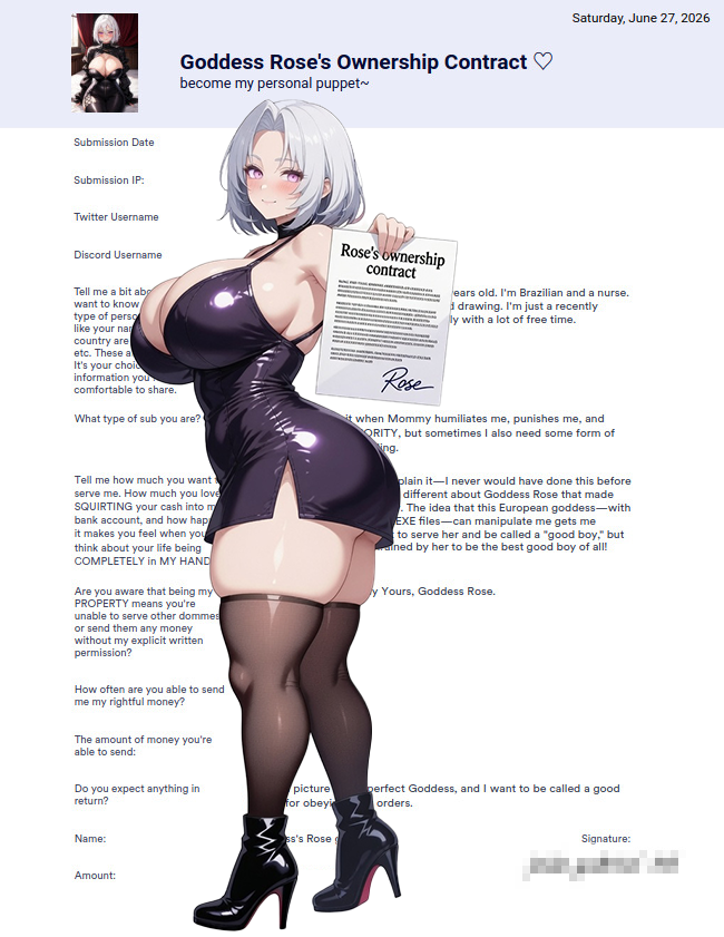 GoddessRoseOwO's tweet photo. 「 ✦ OWNERSHIP CONTRACT ✦ 」

awww how cute…💞 a dummy just printed it, signed it like the eager little pet he is, and sent Me the scan~🥰

it's official now, loser: you're now Mine.💋 get on your knees and tell me how good it feels to be one of many Rose's monetized cattle bxtches.💖

link in bio. submit and tribute to prove you’re ready to belong to Goddess Rose completely~ 💸❤️‍🔥