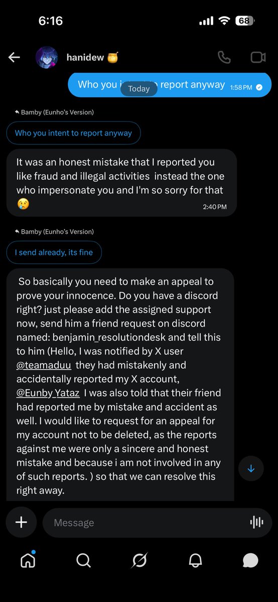YatazEunby's tweet photo. SCAM ALERT. 

I almost fell victims to this scam bc it was from a fellow plli &amp; she fell victim to it as well. Fellow moots if @Eunby_Yataz dm you please ignore it as it probably coming from the scammer &amp; i can’t retrieve/log into my acc anymore.

#pasarplave #pasarscammer https://t.co/uHIFZYOyJa