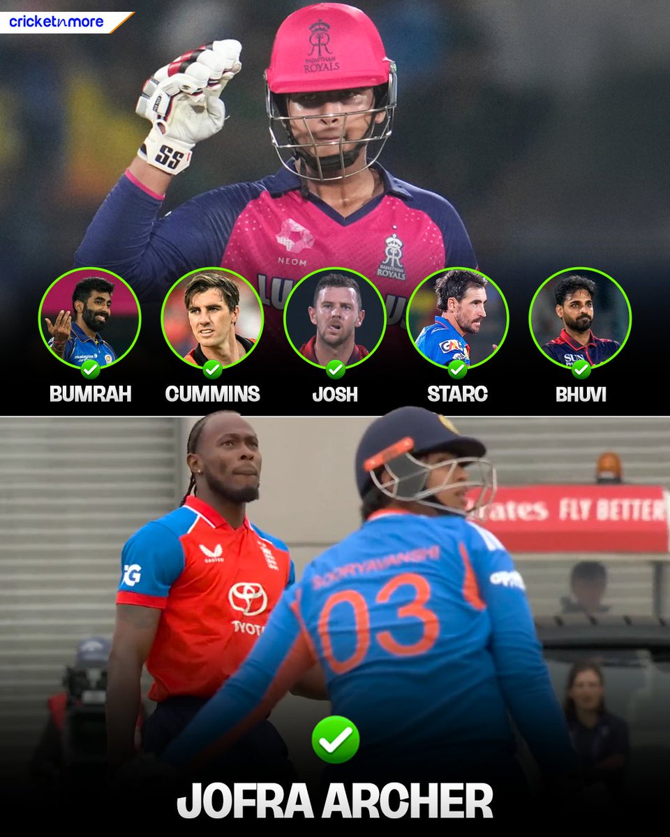 cricketnmore's tweet photo. Not a big knock on debut, but enough for Vaibhav Sooryavanshi to smash Jofra Archer for a first-ball six. 🔥 https://t.co/AtTIBjHK36