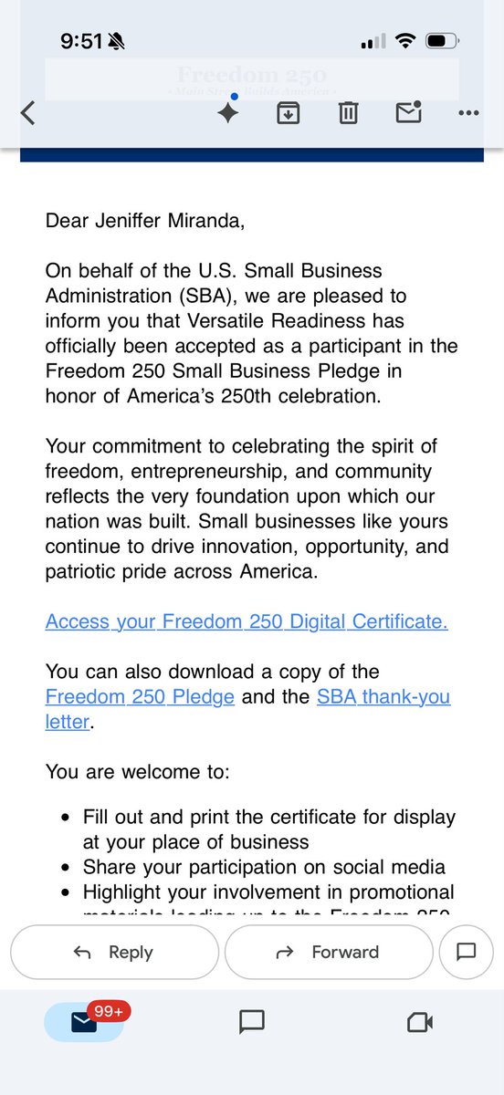 mirandafunds's tweet photo. 🇺🇸 Feliz 4 de julio y Freedom 250!
Acabamos de recibir nuestro Freedom 250 Certificate de la SBA por unirnos al Small Business Pledge.
En Versatile Readiness somos un pequeño negocio apoyando a otros pequeños negocios. Porque Main Street sigue construyendo América.
Orgullosos de https://t.co/R0e3Qtx9By