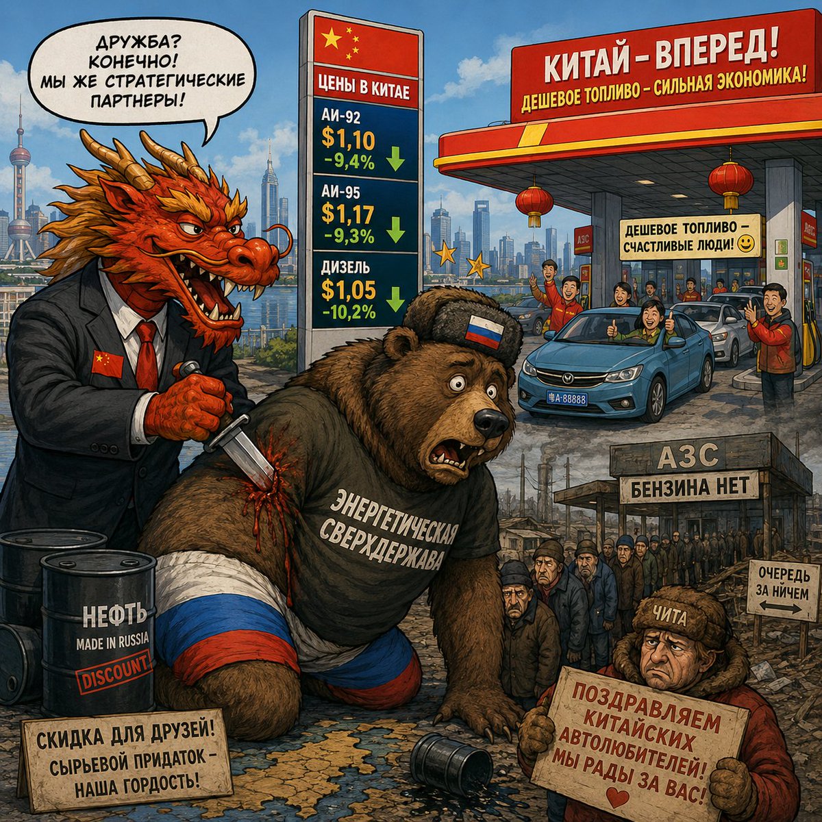 fakeofforg's tweet photo. 🐉 Нож в спину от главного стратегического партнера. 
Пока гордая «энергетическая сверхдержава», Вторая армия и Вторая быстрорастущая экономика мира бьет рекорды по длинне очередей за бензином, братский Китай нанес коварный удар по скрепам.

📉 Пекин официально объявил уже о третьем подряд снижении розничных цен на топливо на своем внутреннем рынке. Видимо, китайцы просто не в курсе, что настоящие геополитические титаны должны страдать от дефицита собственных ресурсов.

💰 Для понимания масштаба этого «геополитического триумфа» переведем китайские ценники в бездуховные доллары (по текущему курсу):

АИ-92: теперь стоит всего около $1,10 за литр (обвал цены на 9,4%).
АИ-95: обойдется примерно в $1,17 за литр (минус 9,3%).
Дизельное топливо: упало до $1,05 за литр (минус рекордные 10,2%).

👏 Вот она, истинная магия сырьевого придатка в действии. Пока экономика Москвы и ее колоний сгорает в огне войны и собственной некомпетентности, Китай за бесценок выкачивает подсанкционную нефть, перерабатывает ее и снижает стоимость жизни для своей экономики и своих граждан.

⛽ Жителям Москвы и ее колоний называемых Россией остается лишь искренне порадоваться за успехи китайских автолюбителей. Можно даже написать им поздравительный плакат и гордо поднять его — прямо стоя в многокилометровой очереди к пустой АЗС.