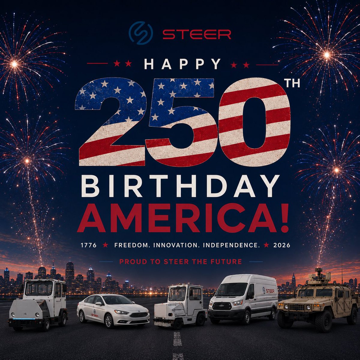 STEERTechLLC's tweet photo. Happy 4th of July! 🇺🇸

Today we're celebrating 250 years of American ingenuity, resilience, and progress.

Wishing everyone a safe and happy Independence Day from the STEER Tech team! 🎆

#FourthOfJuly #America250 #STEERTech #AutonomousVehicles #Innovation #IndustrialAutomation https://t.co/urLjXKHBsF