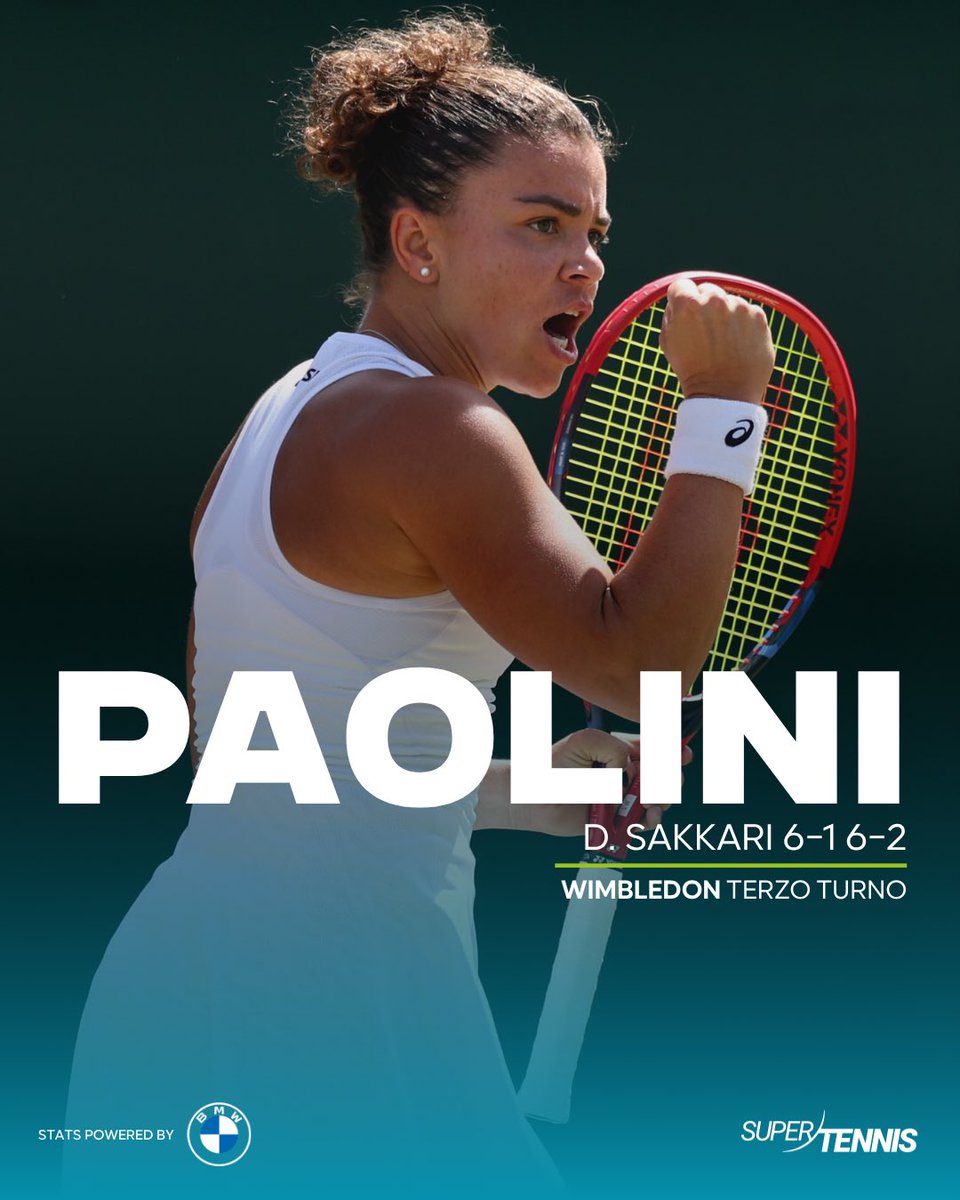 SuperTennisTv's tweet photo. Jasmine non si ferma più 🔥

🇮🇹 In poco più di un’ora l’azzurra sconfigge Maria Sakkari e torna agli ottavi a #Wimbledon

@BMWItalia https://t.co/5cOkj2F9Rc