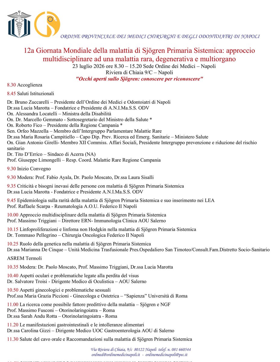 ANIMaSS05's tweet photo. Programma della 12a Giornata Mondiale della malattia di Sjögren Primaria Sistemica che si terrà il 23 luglio 2026 ore 8.30-15.20 presso l'Ordine dei Medici di Napoli. https://t.co/uJXwRzBWug
