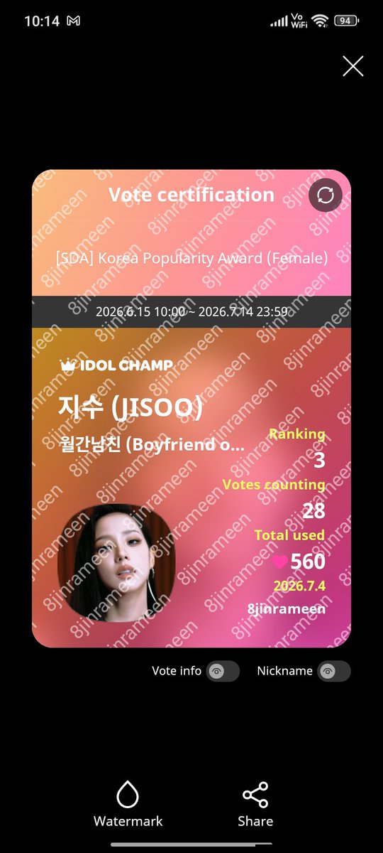 jinrameen's tweet photo. @JSVOTINGTEAM jisoo! https://t.co/P6cZ9RlOYV