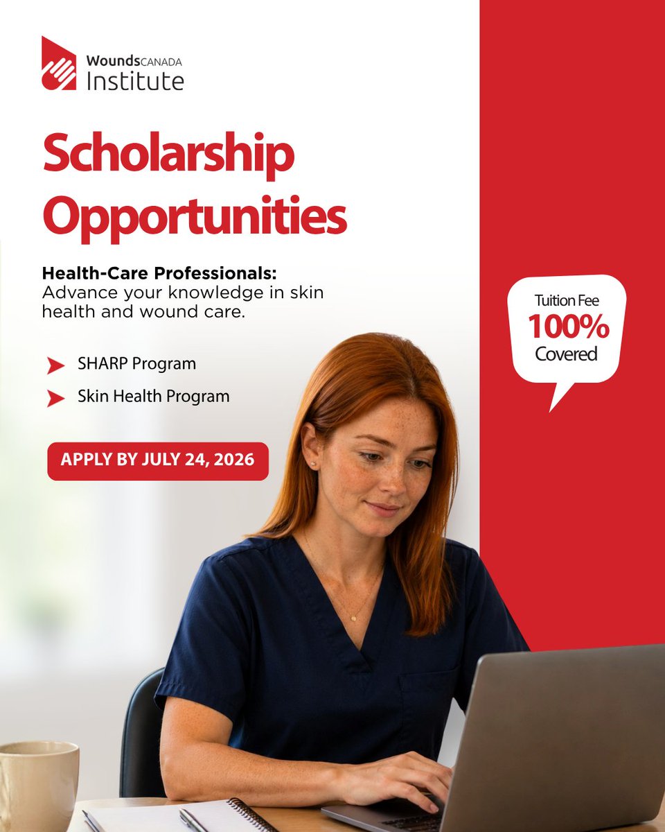 WoundsCanada's tweet photo. Scholarship Opportunities Available Through Wounds Canada!

✔️ Are you a regulated HCP? Apply for the Skin Health Advocate for Resource Professional (SHARP) scholarship
✔️ Are you a PSW? Apply for the Skin Health Program

Deadline: Friday, July 24, 2026

https://t.co/LAG4kjsuZX https://t.co/P8OZMbLvUd