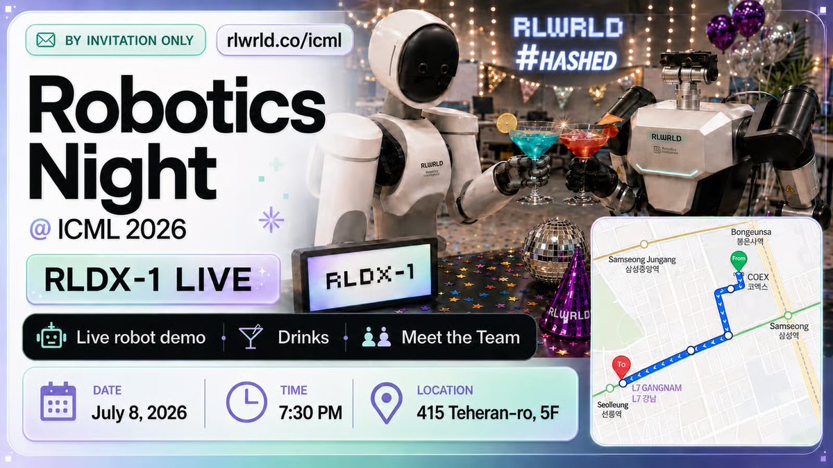 junh0ch0's tweet photo. If you're at #ICML2026, feel free to dm me and meet & talk about #VLA #RFM, humanoid dexterous manipulation, human data, and real-world deployment.
We also host Robotics Night at the @RLWRLD_ai office (near COEX) evening 7/8. See you there! https://t.co/SgOX0jE4Kj