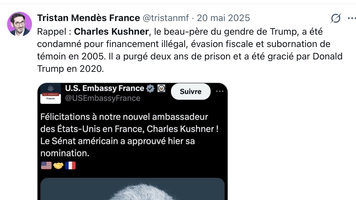 Aa4322A's tweet photo. @schelcher @USAmbFrance @laurentbuanec L'administration sait flatter les PDG français..🙄
Je me demande bien ce que vous faites là-bas... 🤔

Je ne crois pas qu'il était nécessaire de mentionner C.Kushner, père du gendre de Trump, tant il piétine le droit, nos valeurs et notre souveraineté.
https://t.co/Ty5omGdG0T https://t.co/uhyMyI9zBn