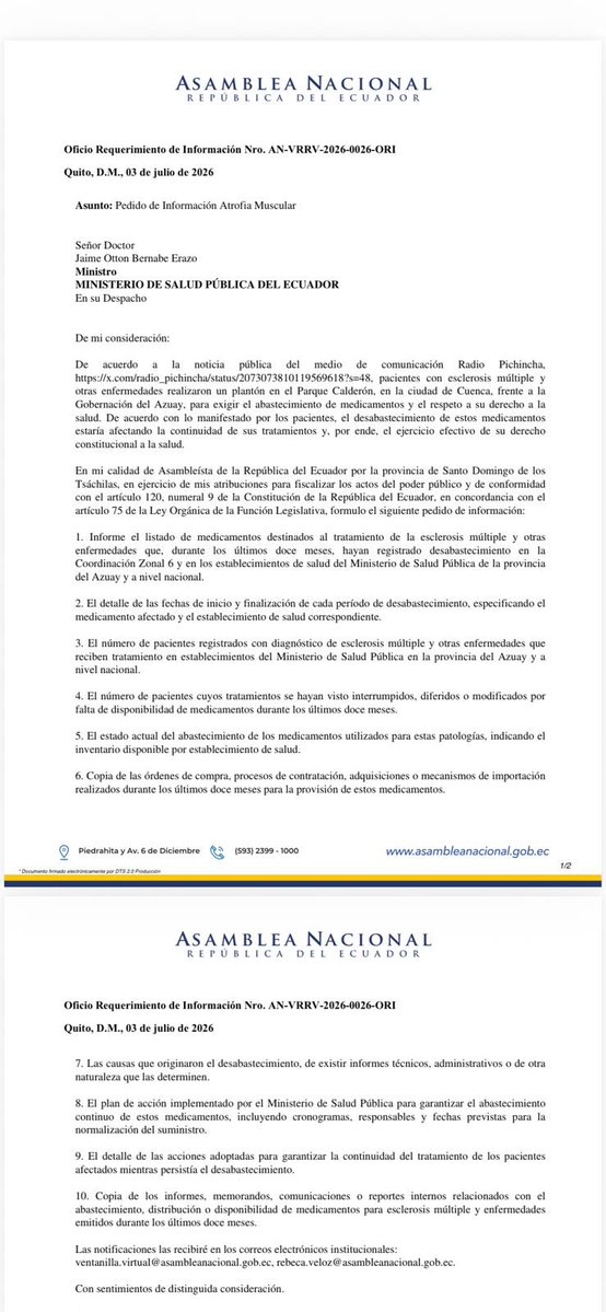 VivianaVelozEc's tweet photo. La indolencia del Gobierno está poniendo en riesgo la vida de cientos de pacientes. Mientras hablan de abastecimiento, personas con esclerosis múltiple y otras enfermedades continúan sin los medicamentos que necesitan para seguir con vida y mantener sus tratamientos.

He solicitado información urgente al Ministerio de Salud Pública. Exigimos respuestas inmediatas. La salud de la gente no puede seguir siendo víctima de la indiferencia.