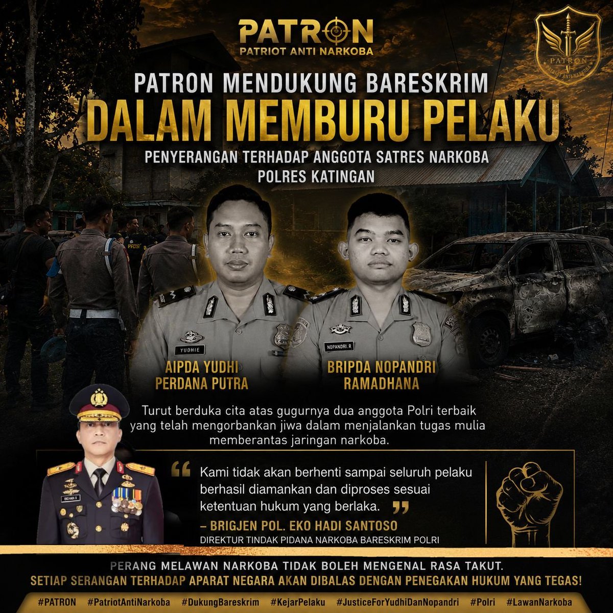 patron_id's tweet photo. PATRON mendukung penuh langkah Dittipidnarkoba Bareskrim Polri dalam memburu seluruh pelaku penyerangan terhadap anggota Satresnarkoba Polres Katingan.

@muannas_alaidid
@ListyoSigitP
@prabowo

#PATRON #LawanNarkoba #Dittipidnarkoba #BareskrimPolri #JusticeForYudhiDanNopandri https://t.co/keR38gzNRK