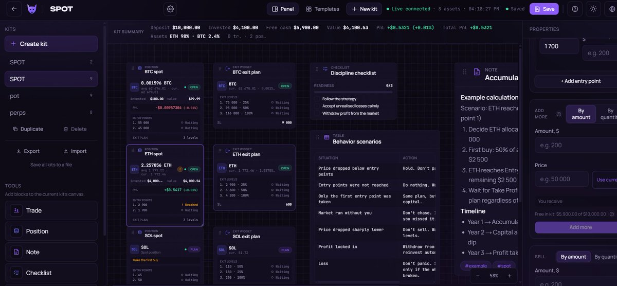 Cryptohord7's tweet photo. one more thing. if you set a deposit when creating a kit, the panel tracks the whole trade against it.

pnl, what's in assets, what's left in cash. the full picture of the position in one place.

no spreadsheet on the side. that's the point. https://t.co/GqR45bRXgh