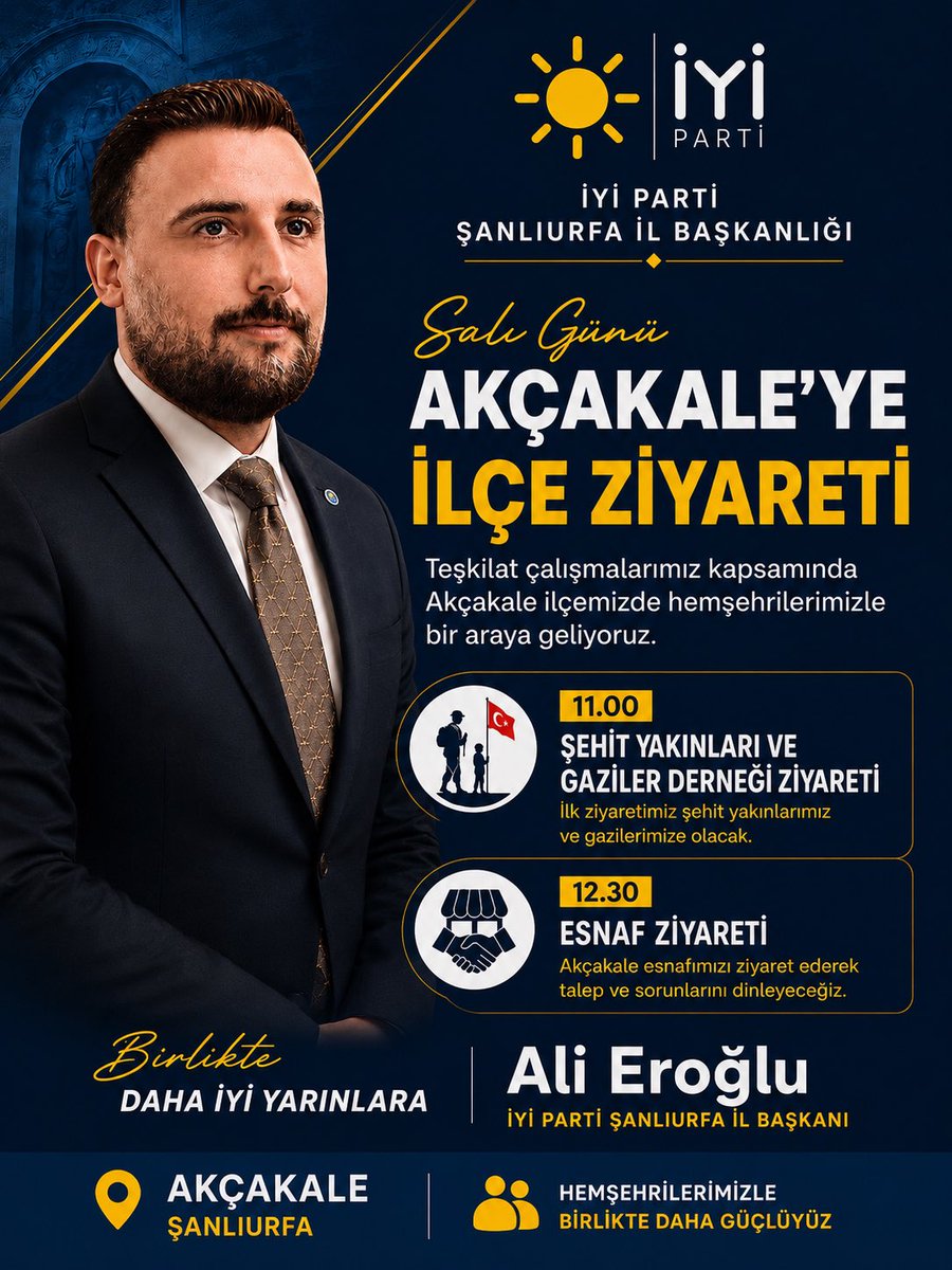 AliErogllu's tweet photo. Salı günü Akçakale’deyiz. 🇹🇷

İYİ Parti Şanlıurfa İl Başkanlığı olarak Akçakale programımız kapsamında ilk ziyaretimizi 

🩸Şehit Yakınları ve Gaziler Derneği’ne gerçekleştirerek aziz şehitlerimizin emanetleri ve kahraman gazilerimizle bir araya geleceğiz.

🩸Ardından Akçakale esnafımızı ziyaret ederek vatandaşlarımızın talep, öneri ve sorunlarını yerinde dinleyecek, çözüm önerilerimizi paylaşacağız.

Milletimizle omuz omuza, sahada olmaya ve Şanlıurfa’mızın her ilçesinde vatandaşımızın sesi olmaya devam ediyoruz.

#Akçakale #Şanlıurfa #İYİParti #AliEroğlu #Sahadayız 

@MDervisogluTR @Ozturkdenizli @aefakibaba @iyiparti @iyikulisresmi @iyipartiurfa 
#tck158tekseferlikuzlaşmaşart 
#EhliyetMağdurları