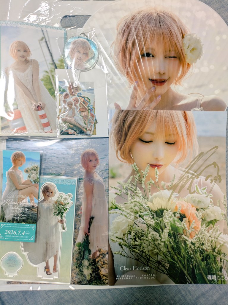 4869Matty's tweet photo. こちらは生誕祭でGETしたグッズ♪写真集はもちろん、アクスタやキーホルダー、うちわ🪭等々…盛りだくさんな内容！豪華な内容😆夏を感じるものばかりで気持ちが上がります！
#篠崎こころ
#篠崎こころバースデー2026
#金髪ショー党 https://t.co/Y9OdRaPWBI