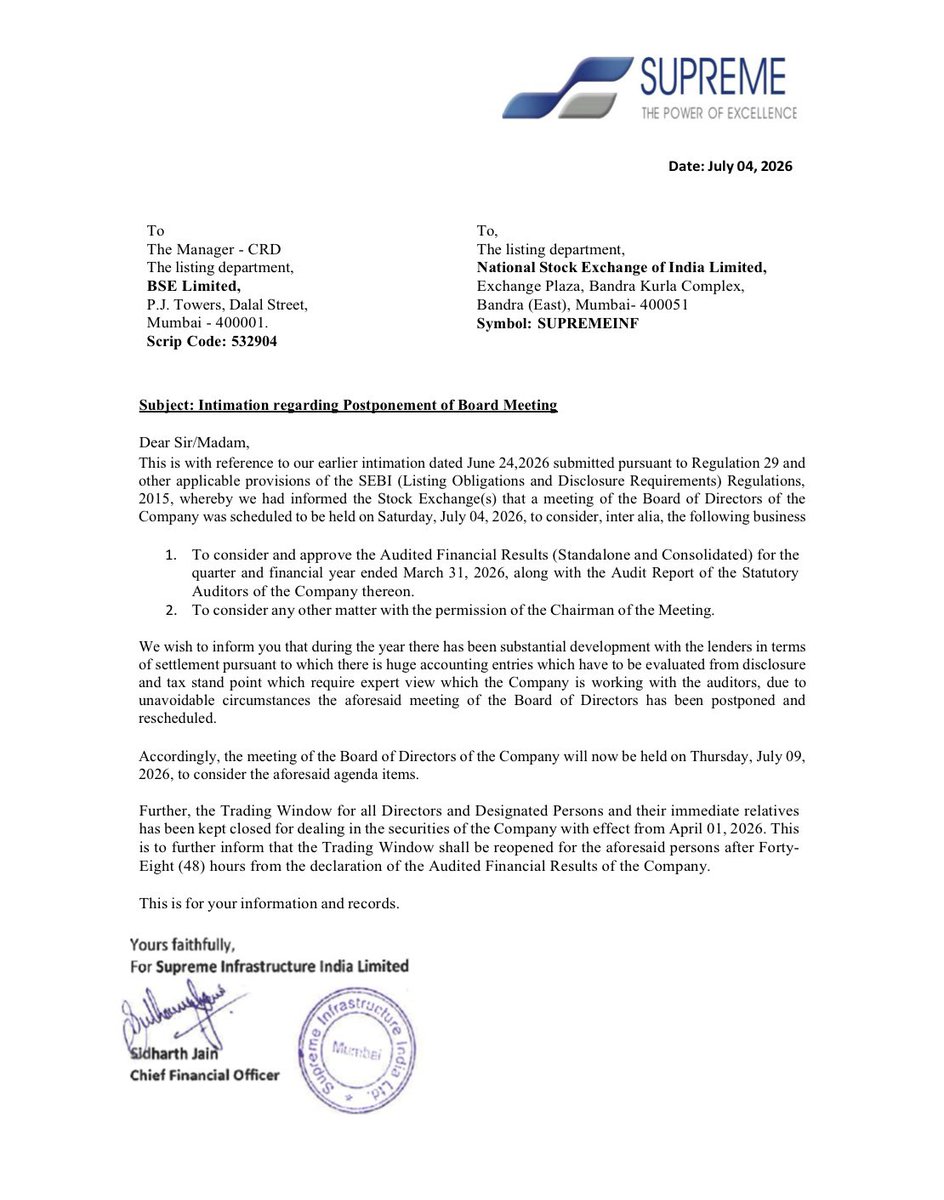 DFinMirror's tweet photo. #SupremeInf - Supreme Infrastructure India Ltd has postponed its July 4 Board meeting to July 9 https://t.co/VDhtX1q9Ti