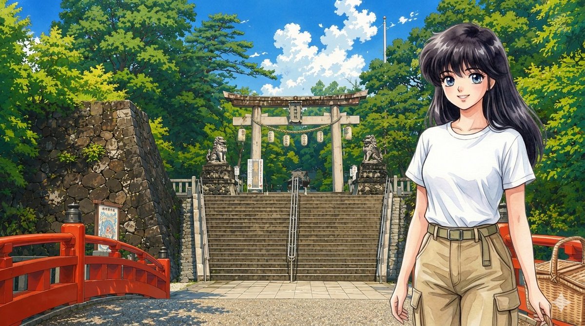 esterior1987's tweet photo. 盛夏日，阿圓在山梨縣甲府市的武田神社，拍照留念。

​真夏の日に、鮎川（あゆかわ）さんは山梨県甲府市にある武田神社で記念写真を撮りました。

#鮎川圓
#鮎川まどか
#AyukawaMadoka
#橙路
#OrangeRoad
#きまぐれオレンジロード https://t.co/wIuMba68Sx