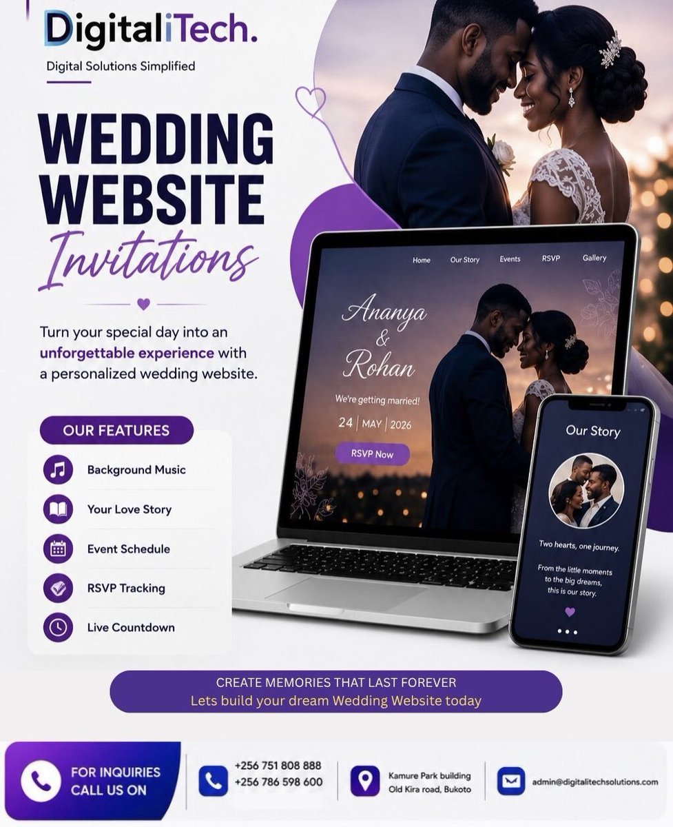 DigitaliTechug's tweet photo. Your wedding invitation should be as unforgettable as your love story.
With a personalized wedding website, your guests have everything they need, beautifully organized in one place.
Ready to impress your guests ?
#DigitaliTechUG #WeddingWebsite https://t.co/7eW0qG3kxC