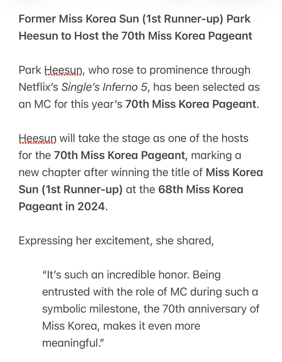 quietcircleee's tweet photo. [ENG TRANS] ‘Single’s Inferno 5’ Star Park Heesun Named MC for Miss Korea: “It’s an Honor to Be Part of the 70th Anniversary” [Interview] #singlesinferno5 

The 70th Miss Korea Pageant will be held on August 22 🎤❤️‍🔥

📌 https://t.co/afZEP8E0tT https://t.co/gdEHbXv4te