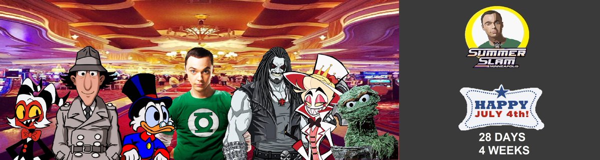 josh9180185266's tweet photo. #SheldonCooper's final day of his Vegas Trip includes #Moxxie, #InspectorGadget, #ScroogeMcDuck aka #UncleScrooge, #Lobo, #LuciferMorningstar and #OscarTheGrouch. #RoadToSummerSlam https://t.co/8w84edjcia