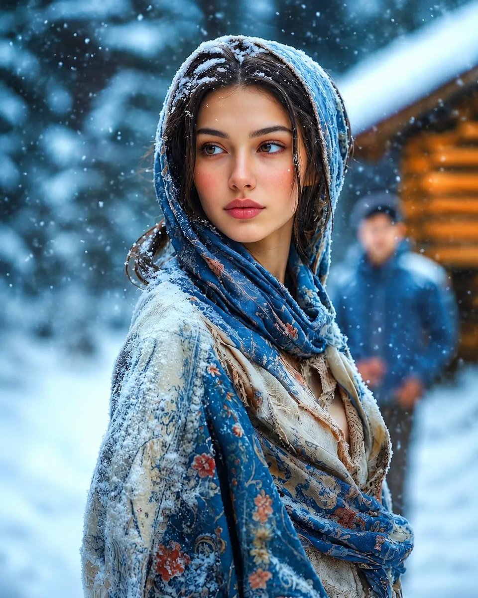 noorlewisx's tweet photo. Gpt image 2 on chatgpt

Prompt:

A cinematic portrait of a young woman standing in a peaceful snowy village, surrounded by softly falling snowflakes. She wears a delicate blue floral shawl draped over her head and shoulders, lightly dusted with fresh snow. Her fair skin has a natural glow, complemented by soft pink lips and expressive light-colored eyes gazing gently to the side. Her expression is calm, serene, and introspective. The background features a softly blurred wooden cabin with a faint silhouette in the distance, creating a dreamy winter atmosphere. Ultra-realistic, high detail, soft natural lighting, shallow depth of field, 85mm lens, cinematic color grading, 8K quality.