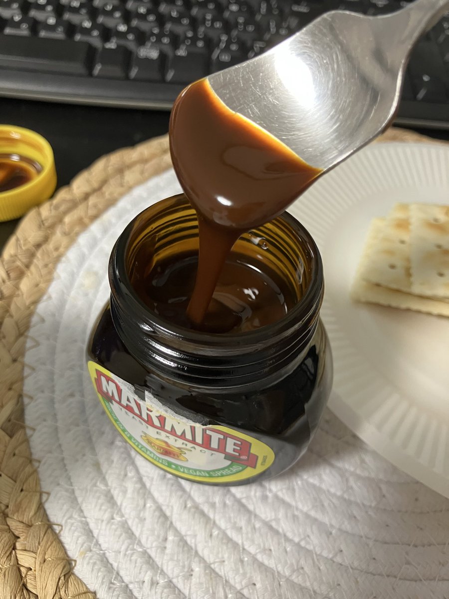 SCORP_SDVX's tweet photo. お土産に買ったマーマイトをクラッカーに付けて食べたけど、まあ普通に食べれる味だった
ただ、めっちゃしょっぱい味噌か醤油みたいな感じだから量はほんの少しでいいな https://t.co/A0h9OZd4sD