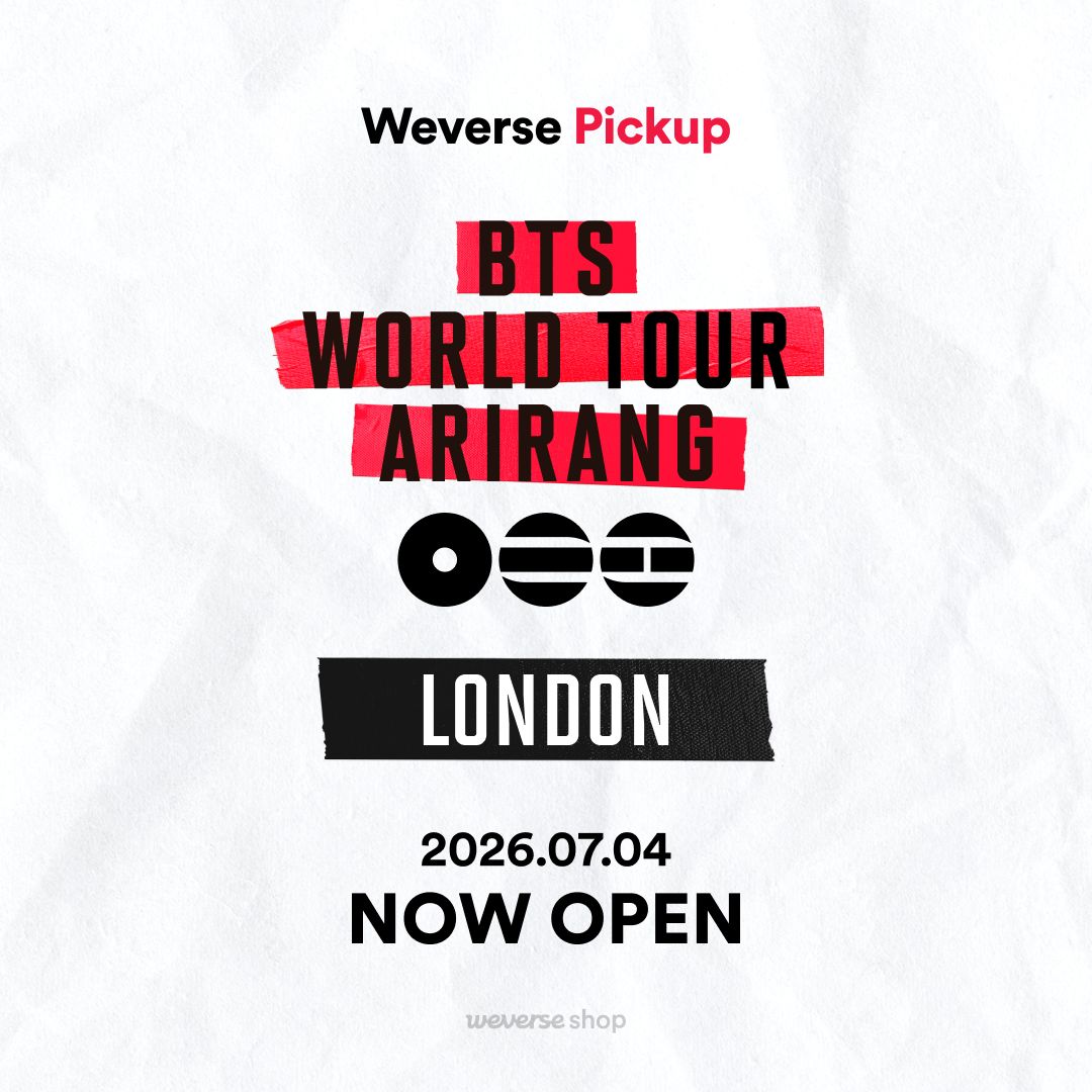 weverseshop's tweet photo. 📢 BTS WORLD TOUR 'ARIRANG' IN LONDON Pickup Products Now Available for Purchase! 

Buy the official merch and albums for BTS WORLD TOUR 'ARIRANG' on Weverse Shop, and pick up your order at your preferred time at the designated pickup location! 

📍 Purchase Period 
- Official merch: Sat, Jul 4 - Wed, Jul 8, 11:00 AM - 7:00 PM (BST)
- Album: Sun, Jul 5 - Wed, Jul 8, 11:00 AM - 7:00 PM (BST)
👉Buy Now: https://t.co/nQboIzZC8u

📍Pickup Location Details 
- Location: Angel Edmonton Road (Pop Up) 
- Schedule: Sun, Jul 5 - Wed, Jul 8, 11:00 AM - 7:00 PM (BST)
🔎Read more on : https://t.co/HgQWRQmOs6
* Please refer to the notice for more details on how to purchase, reserve for pickup, and pick up your order. 

#BTS (@bts_bighit) 
#BTS_ARIRANG 
#BTS_ARIRANG_IN_LONDON