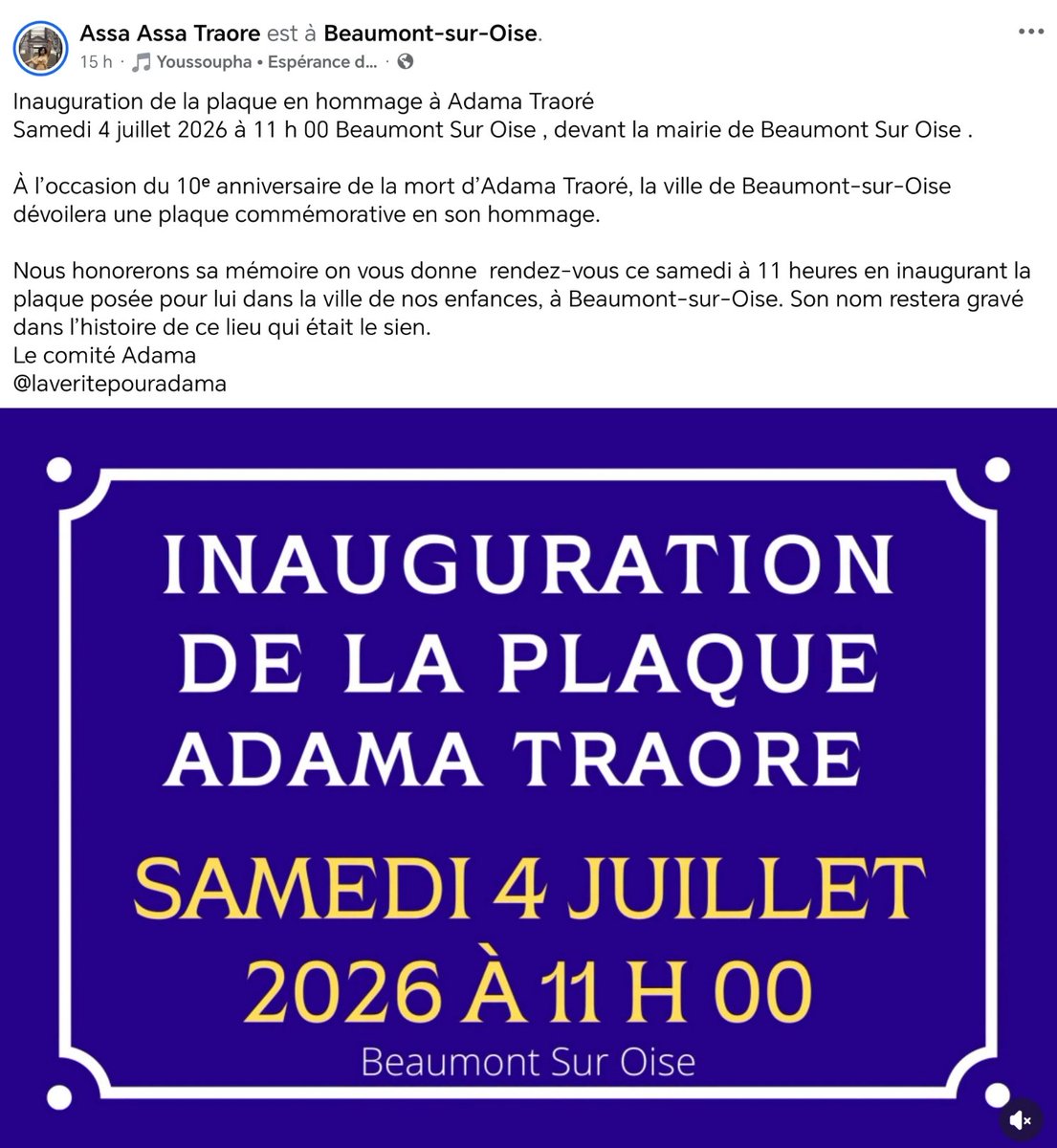 F_Desouche's tweet photo. « Son nom restera gravé dans l'histoire » : Assa Traoré annonce l'inauguration de la part de la ville de Beaumont-sur-Oise (95), d'une plaque en hommage à Adama Traoré https://t.co/ufrYp7wrMa
