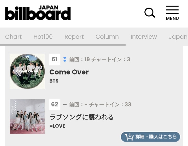 rize07addict's tweet photo. "Come Over" by #BTS spends it's 3rd consecutive week inside the Billboard JAPAN Hot100 Chart at #61 respectively!!

#ComeOverbyBTS #BTS_ARIRANG https://t.co/yFgzVoGEZN
