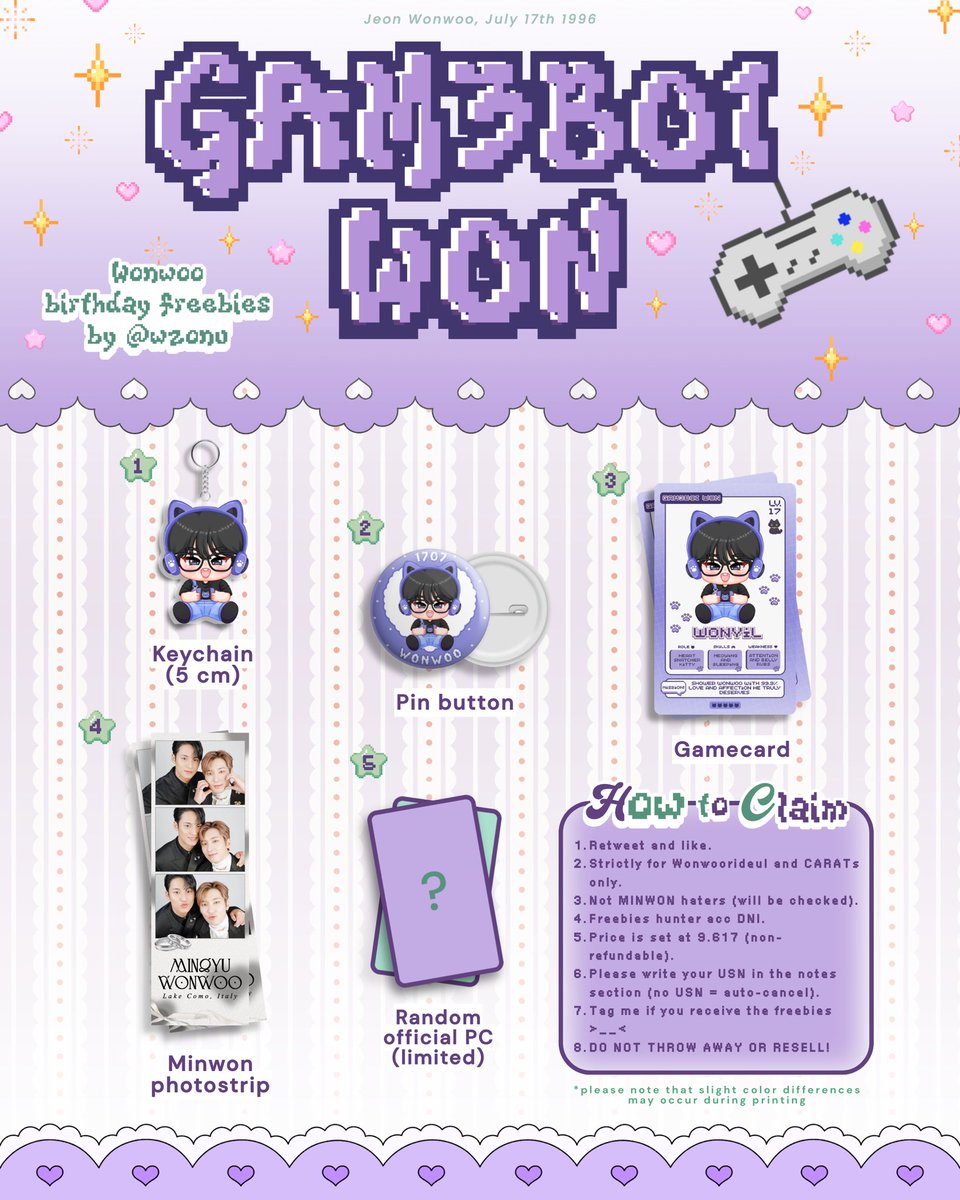 wzonu's tweet photo. 🕹️ 𝗚𝗔𝗠𝗘 𝗢𝗡 — 𝗪𝗼𝗻𝘄𝗼𝗼 𝗶𝘀 𝘄𝗮𝗶𝘁𝗶𝗻𝗴! 🎮💎

Wonwoo’s birthday online freebies
— by @wzonu

▸ RT and like this tweet
▸ PLEASE read tnc before claim!
▸ 🍊19 Juli 2026 || 7.17 PM - link TBA
▸ One person, one set freebies
▸ Dm for trade (limited and selective) https://t.co/EDhQ7JZJAK