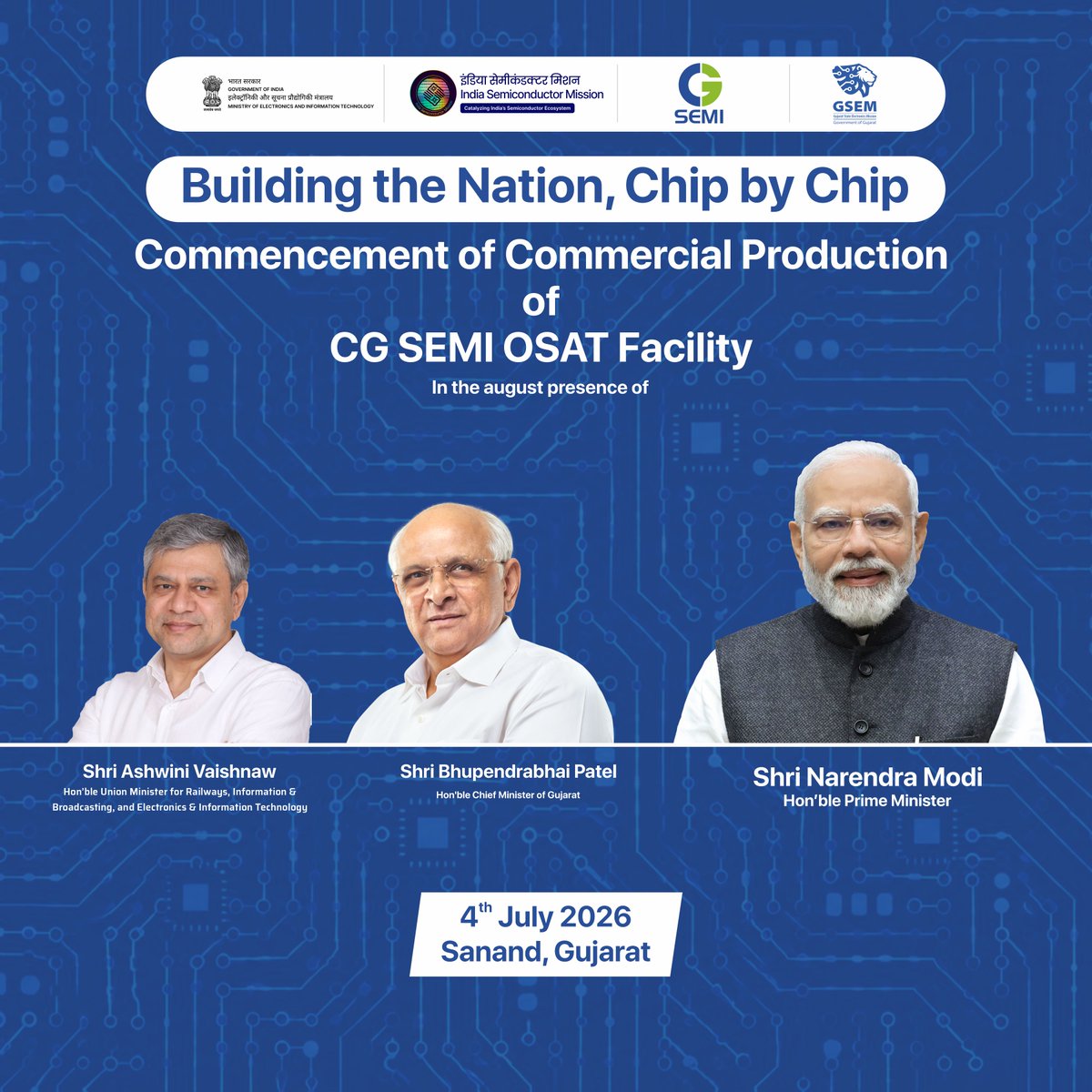CGSEMI_Official's tweet photo. A historic milestone for India’s tech ecosystem! 

Commercial production at the CG SEMI OSAT Facility in Sanand has officially begun. Deepest gratitude to PM @narendramodi, @AshwiniVaishnaw, @Bhupendrapbjp, and all our ecosystem partners for their unwavering support.

#IndiaSemiconductorMission #MakeInIndia #CGSemi

#CGSemi #Semiconductors #IndiaSemiconductorMission #MakeInIndia #AtmanirbharBharat #AdvancedManufacturing #OSAT #FromSiliconToScale

@SemiconIndia @GoI_MeitY @MEABharat @CMOGuj @RenesasGlobal