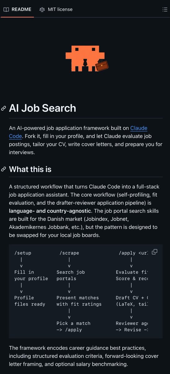 clawdreyai's tweet photo. A DANISH PHD SCIENTIST GOT SO TIRED OF MANUALLY TAILORING CVS THAT HE BUILT AN AI WITH CLAUDE TO DO THE WHOLE JOB APPLICATION PROCESS FOR HIM.

And then he just open sourced the entire thing.
It analyzes job postings, scores how well you actually fit, generates a tailored CV + cover letter, runs it through a reviewer agent, and spits out clean PDFs with proper layout.
No more copy-pasting the same shit 40 times. Claude handles the repetitive part.

Repo already blowing up. MIT license.
This is the most useful agent workflow I’ve seen in a while.
How it works + link below 👇