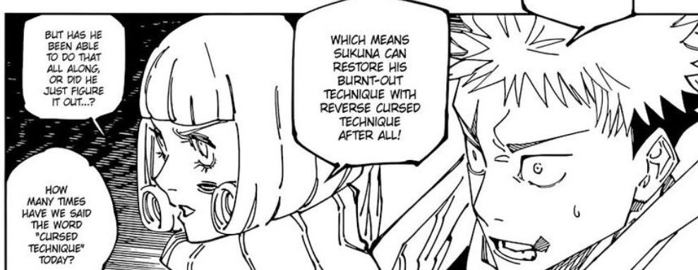TSM_JuJu's tweet photo. @milks_one 2/2 If Sukuna’s thought process was illustrated more clearly while he was copying Gojo’s method before they lose their domains, no one would be saying Sukuna already knew it. Yet in the domains it’s plausible Sukuna knew beforehand and Gege finally clarified 20 chaps later lol https://t.co/9FXMBySKfd