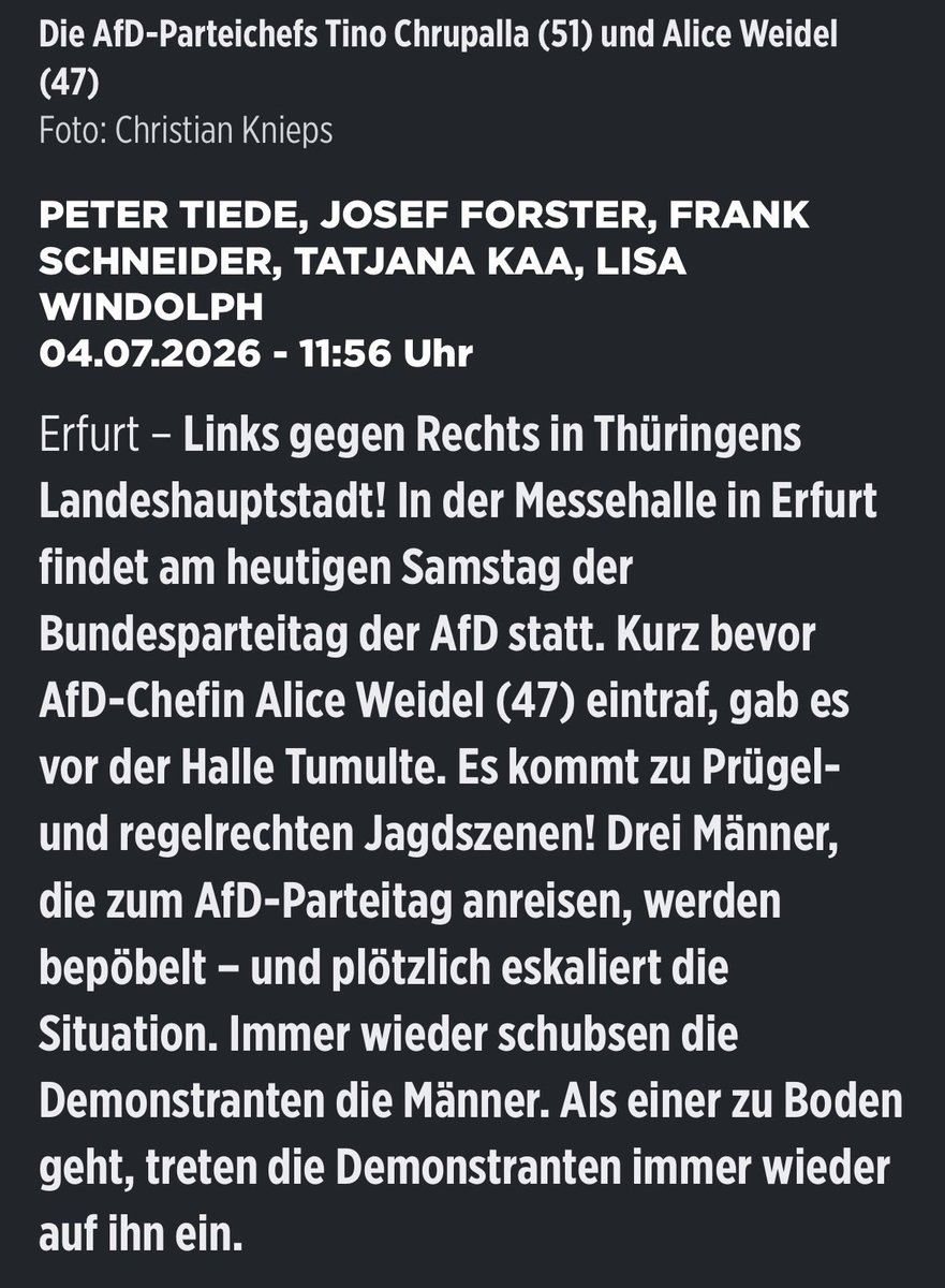 RatioFidei_'s tweet photo. @ben_brechtken Für die BILD ist es „Links gegen Rechts“, als wäre es Gewalt, die von beiden Seiten ausgeht, wenn AfD-Leute zusammengeschlagen werden - inkl. Tritte gegen den Kopf. https://t.co/mfAu0qFFen
