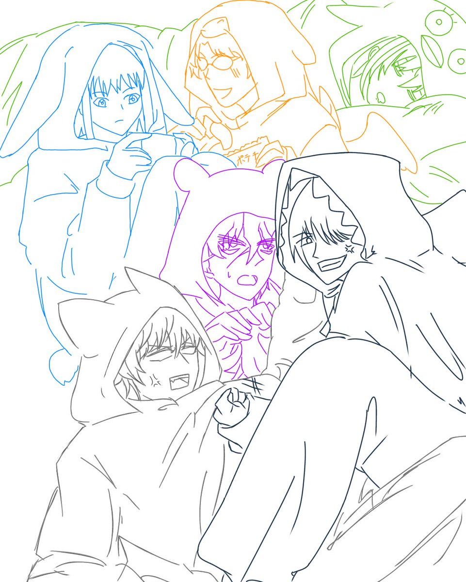 Noappo1223's tweet photo. ギルメンさんとの合作「第2弾」
みんな上手すぎやしないか…？
一緒に描いてくれるなんて優しい…(T ^ T)

　　　緑色:きんぴーら
オレンジ色:KNP
　　　水色:やなっぴ_矢車菊
　　　紫色:両さん作日本刀
　　深藍色:リーダーさん
　　　銀色:のあっぴ
#銀魂
#銀ばと https://t.co/NtzfjVU4mh