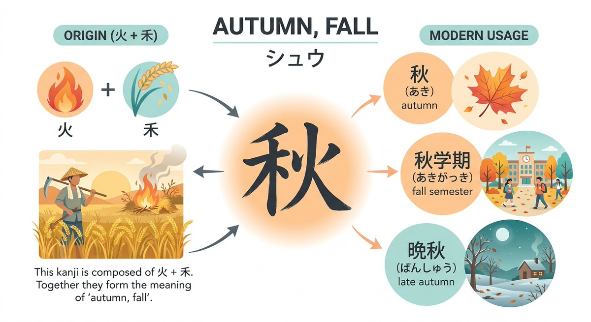 kanjipalaceapp's tweet photo. 秋 (あき; シュウ) = autumn, fall.

EXAMPLE WORDS
autumn = 秋 (あき)
fall semester = 秋学期 (あきがっき)
late autumn = 晩秋 (ばんしゅう)

EXAMPLE SENTENCES
秋が好きです。
あきがすきです。
I like autumn.

秋の空は高いですね。
あきのそらはたかいですね。
The autumn sky is high, isn't it?

今年は秋が短いね。
ことしはあきがみじかいね。
Autumn is short this year, isn't it?