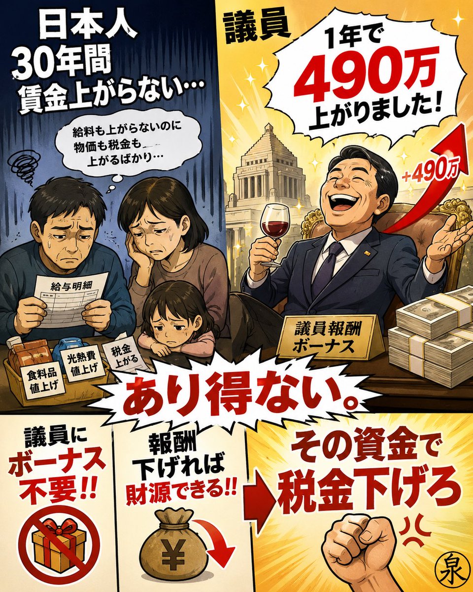 Izumi_Sunagawa's tweet photo. 日本人「30年間収入が上がらない...」

議員「1年で490万上がりました！」

ふざけてるだろ！

我々はお前達を食わせる為に納税しているのではない！ https://t.co/O8k8hkLDVL